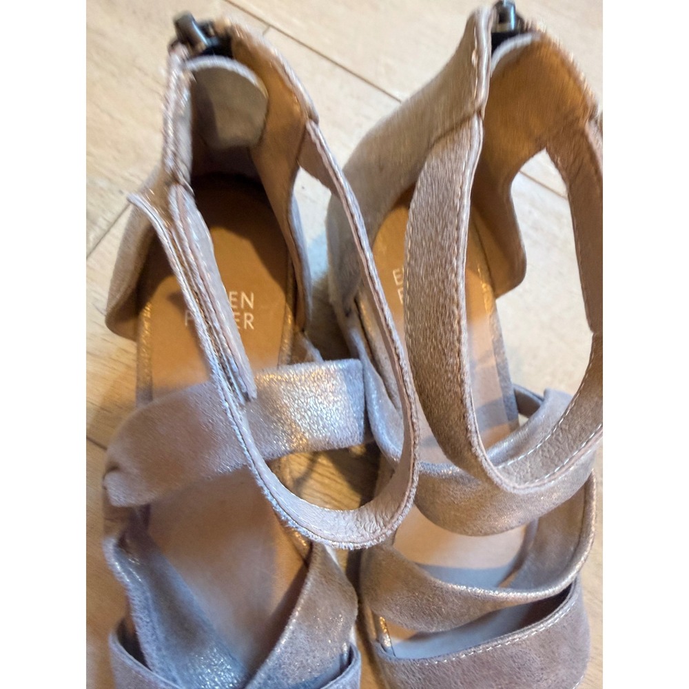 Eileen Fisher Willow Metallic Platinum Leather Espadrille Wedge Sandals size 6.5 - Picture 9 of 11
